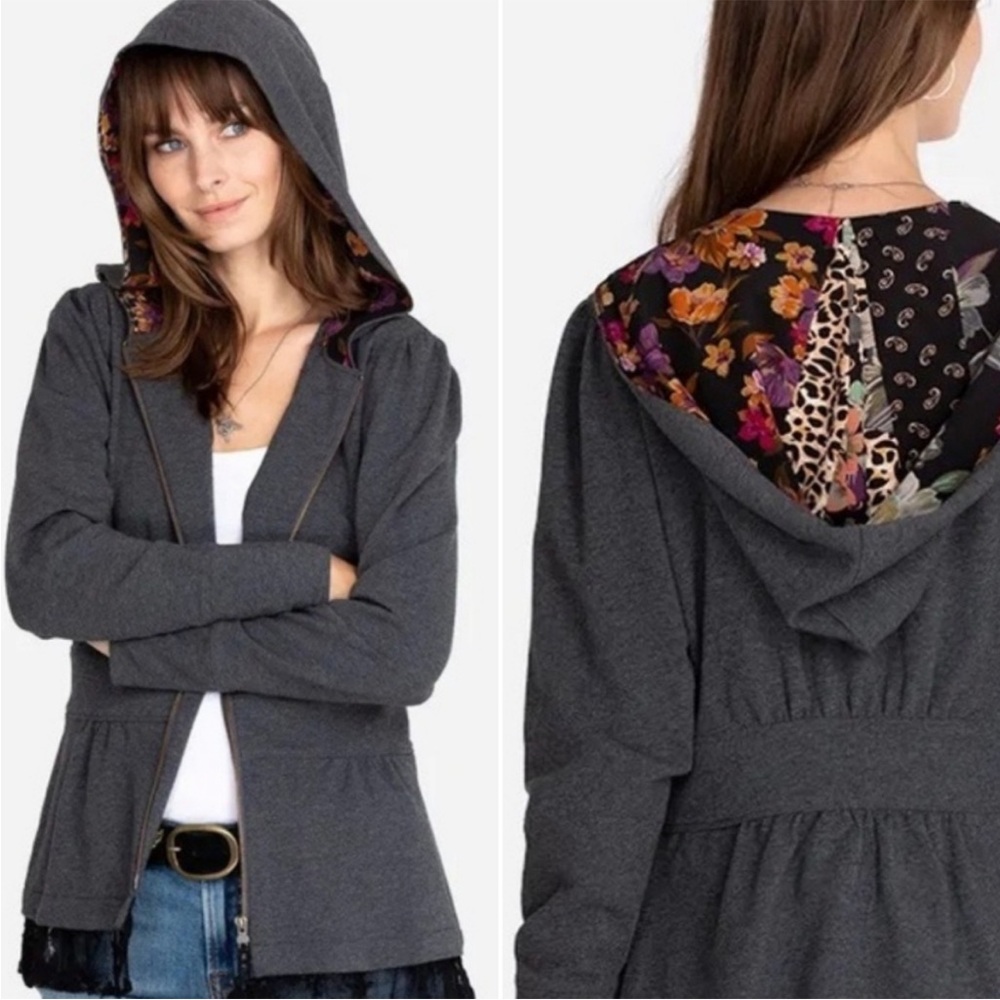 Johnny Was Jade Gray Peplum Hoodie. Floral Leopard Silk Print Lace Trim. XS